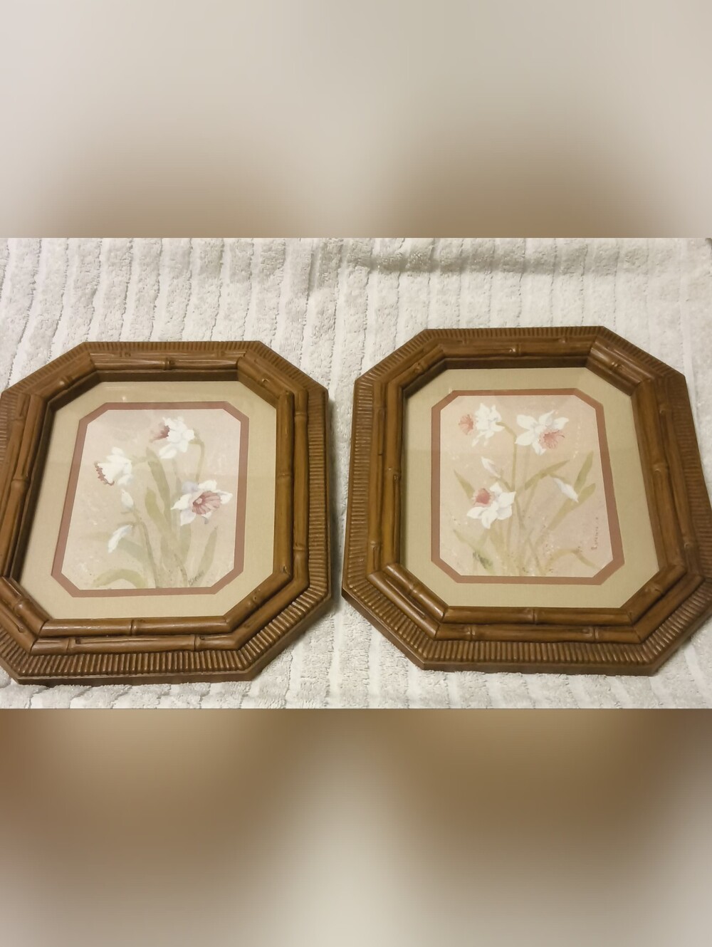 VTG Homco Bamboo Rattan Art Frames 13" Brown Faux Wood 80s Retro Floral Set Of 2